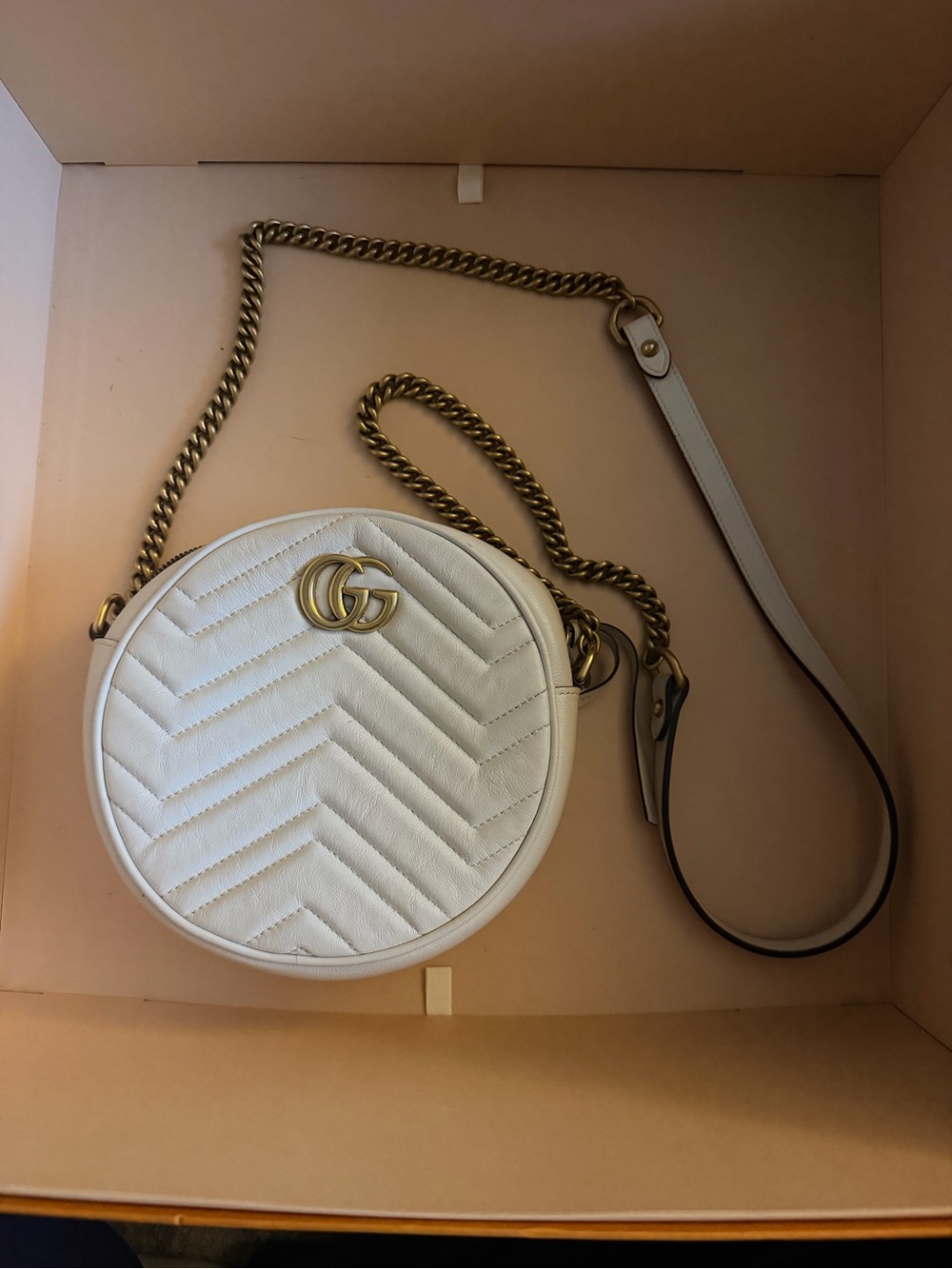 Gucci White Quilted Round GG Marmont Crossbody with Gold Chain